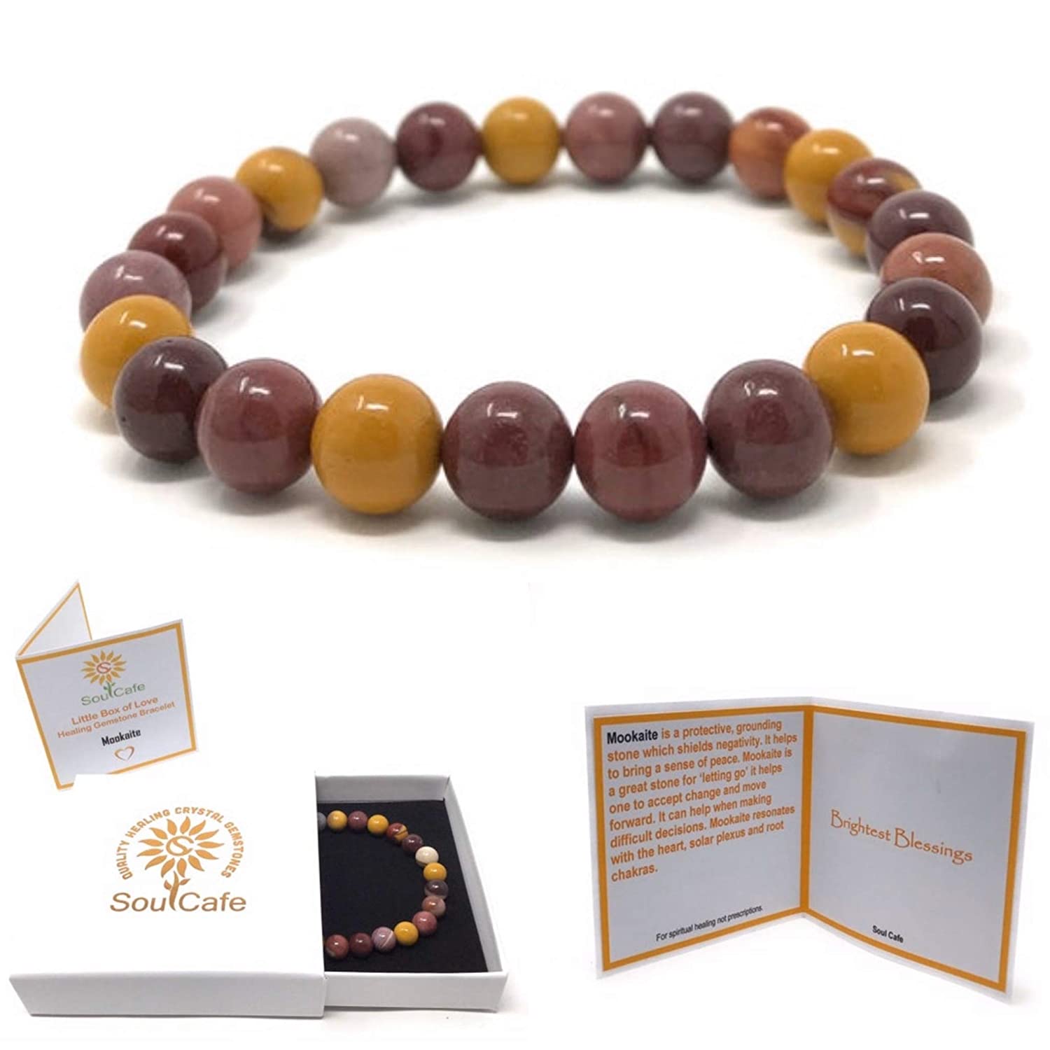 Mookaite Power Bead Crystal Bracelet - Healing Crystal Gemstone Bracelet - Soul Cafe Gift Box and Information Tag